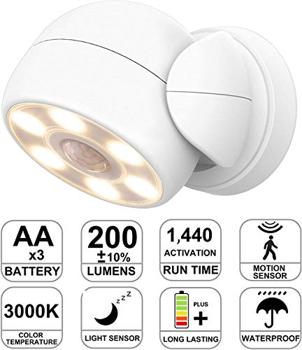 HONWELL Luz Foco LED a Pilas con Sensor de Movimiento, Exterior Impermeable Luz de Seguridad,6 LEDs, 200 Lúmenes Foco Inalámbrico LED con Movimiento Activado Sensor para Entradas,Porche,Garaje-Blanco