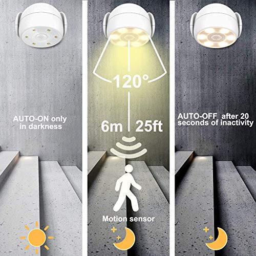 HONWELL Luz Foco LED a Pilas con Sensor de Movimiento, Exterior Impermeable Luz de Seguridad,6 LEDs, 200 Lúmenes Foco Inalámbrico LED con Movimiento Activado Sensor para Entradas,Porche,Garaje-Blanco