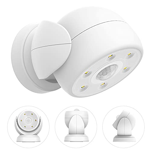 HONWELL Luz Foco LED a Pilas con Sensor de Movimiento, Exterior Impermeable Luz de Seguridad,6 LEDs, 200 Lúmenes Foco Inalámbrico LED con Movimiento Activado Sensor para Entradas,Porche,Garaje-Blanco