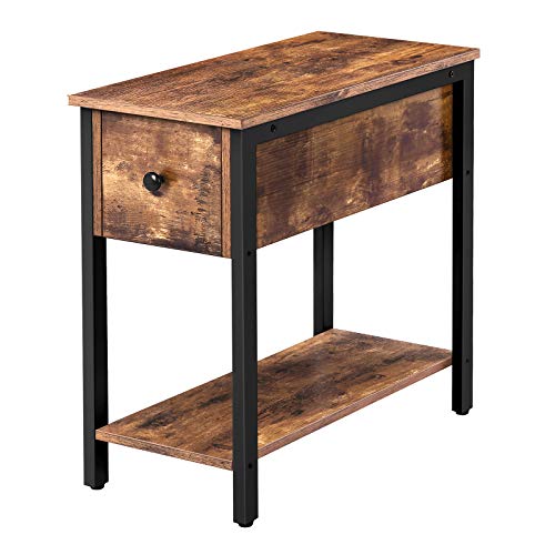 HOOBRO Mesa Auxiliar 60 x 30 x 61 cm, Mesita de Noche de 2 Niveles con Cajón, Marco Estable y Robusto, Mueble de Madera con Marco de Metal, Marrón Rústico EBF04BZ01