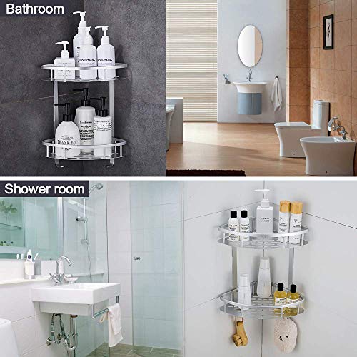 Hoomtaook Rinconera Ducha Bandeja de baño triangular plateada, Cesta de ducha, Rinconera, Aluminio aeroespacial, Organizador de baño, Montaje en pared sin taladro, Adhesivo, 2 niveles