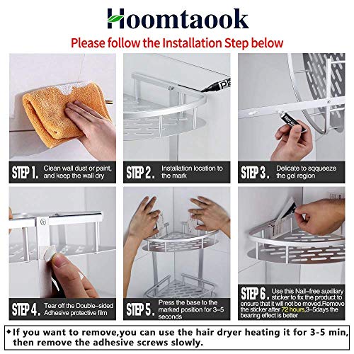 Hoomtaook Rinconera Ducha Bandeja de baño triangular plateada, Cesta de ducha, Rinconera, Aluminio aeroespacial, Organizador de baño, Montaje en pared sin taladro, Adhesivo, 2 niveles