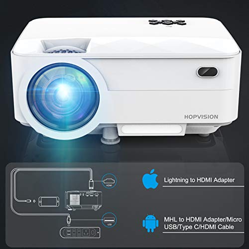 HOPVISION Mini Proyector 1080P Full HD,Proyector Portátil de 6500 Lúmenes con Pantalla Máx de 240",Proyector LCD de 90000 Horas,Proyector Cine en Casa Compatible con HDMI/AV/USB/SD/VGA