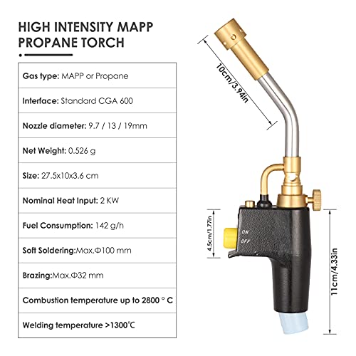 HUKOER Antorcha de Propano MAPP Antorcha de Barbacoa y Soldadura Fuerte Alta Intensidad Antorcha de Arranque con 3 Boquillas/Puntas, Bombonas de Gas no Incluidas