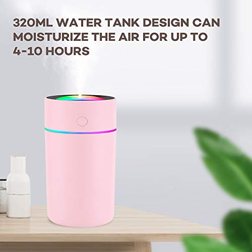 Humidificador Mini - Unidad de humidificación de Primera Calidad con Tanque de Agua de 320ml, Funcionamiento ultrasónico silencioso, Apagado automático y función de luz Nocturna (Rosado)