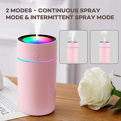 Humidificador Mini - Unidad de humidificación de Primera Calidad con Tanque de Agua de 320ml, Funcionamiento ultrasónico silencioso, Apagado automático y función de luz Nocturna (Rosado)