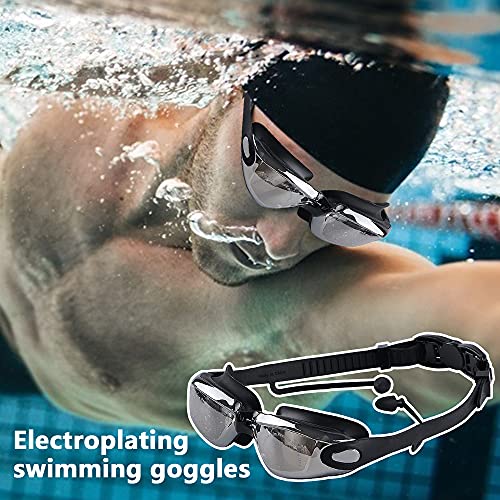 Hwtcjx Gafas de Natación, gafas piscina, 1 gafas buceo, Lente de PC, antivaho de alta definición, bloqueo de rayos UV, con tapones para los oídos impermeables, ajustable, para adultos, niños (negro)