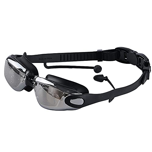 Hwtcjx Gafas de Natación, gafas piscina, 1 gafas buceo, Lente de PC, antivaho de alta definición, bloqueo de rayos UV, con tapones para los oídos impermeables, ajustable, para adultos, niños (negro)