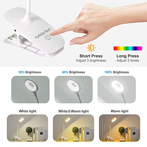 HyAdierTech Luz de Lectura con Clip, Lámpara de Escritorio 40 LED, Luz de Lectura de Cama de 3 Colores * 3 Brillos con Cuello Flexible, Lámpara de Lectura Recargable USB, Control Táctil