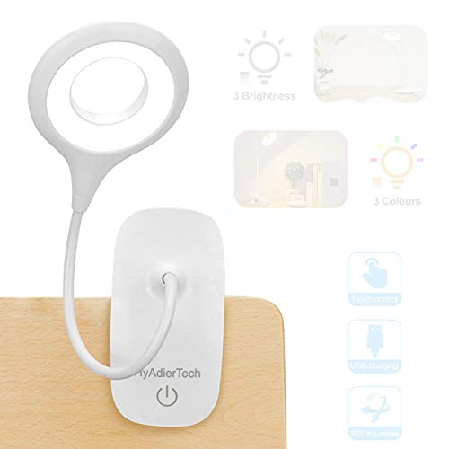 HyAdierTech Luz de Lectura con Clip, Lámpara de Escritorio 40 LED, Luz de Lectura de Cama de 3 Colores * 3 Brillos con Cuello Flexible, Lámpara de Lectura Recargable USB, Control Táctil