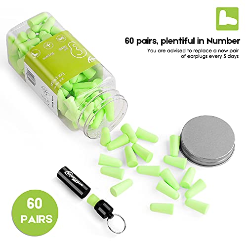 Hyoptenus 60 pares de tapones para los oídos de espuma suave con funda de transporte de aluminio, 38 dB SNR, reducción de ruido, protección auditiva, dormir, trabajo, viajes, verde …