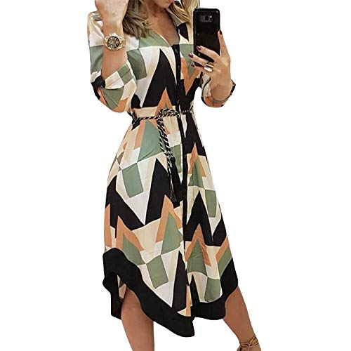 I3CKIZCE Midi - Vestido de cóctel informal para mujer, cuello en V, estampado floral de manga larga, con cordón, elegante, sexy, Verde, XXL