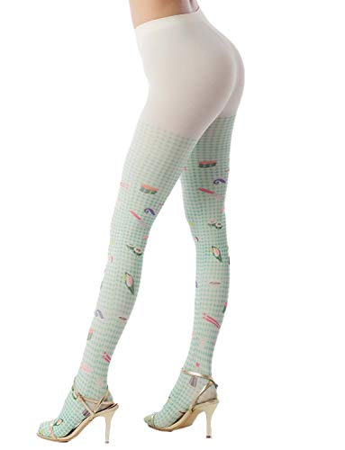 iB-iP Mujer Hosiery Lindo Sushi Caricatura Nylon A Cuadros 100 Den Opaca Medias, Tamaño: Talla única, Polvo verde & Amarillo claro