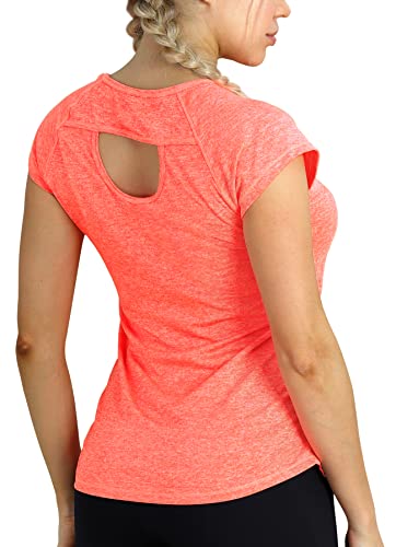 icyzone Camiseta de Fitness Deportiva de Manga Corta de Espalda Abierta para Mujer para Gimnasio -XL-Naranja