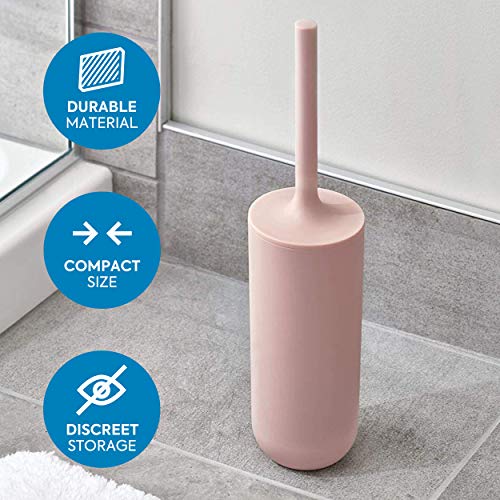 iDesign Escobilla de baño con soporte, juego de WC estrecho de plástico, escobillero independiente y cepillo de baño con cerdas de silicona, rosa