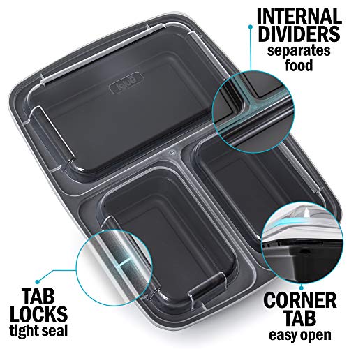 Igluu Meal Prep - Recipientes de 3 Compartimentos para comida de Plástico Sin BPA con Tapas Herméticas - Apilables y Reutilizables - Aptos para Microondas, Congelador y Lavavajillas - Set de 10