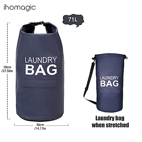 IHOMAGIC Cesto Ropa Sucia de Hombro Ajustables - Bolsa para Colgar Ropa Sucia, Bolsa de Almacenamiento un Hombro con Bolsillo, Cesta de Lavandería Portátil para Colgar en la Puerta (Azul Marino)