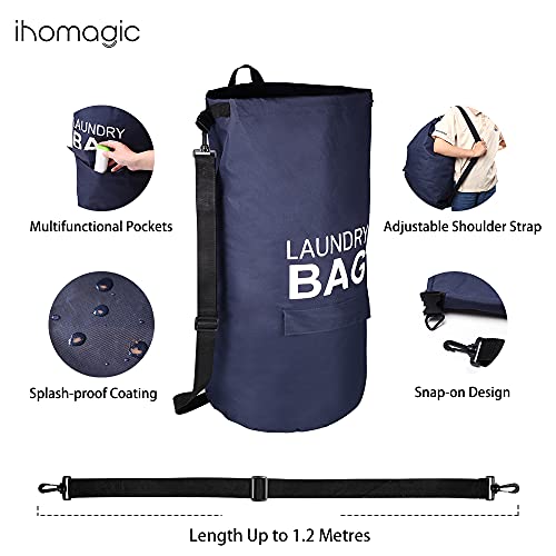 IHOMAGIC Cesto Ropa Sucia de Hombro Ajustables - Bolsa para Colgar Ropa Sucia, Bolsa de Almacenamiento un Hombro con Bolsillo, Cesta de Lavandería Portátil para Colgar en la Puerta (Azul Marino)