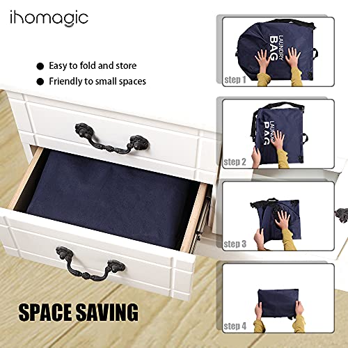 IHOMAGIC Cesto Ropa Sucia de Hombro Ajustables - Bolsa para Colgar Ropa Sucia, Bolsa de Almacenamiento un Hombro con Bolsillo, Cesta de Lavandería Portátil para Colgar en la Puerta (Azul Marino)