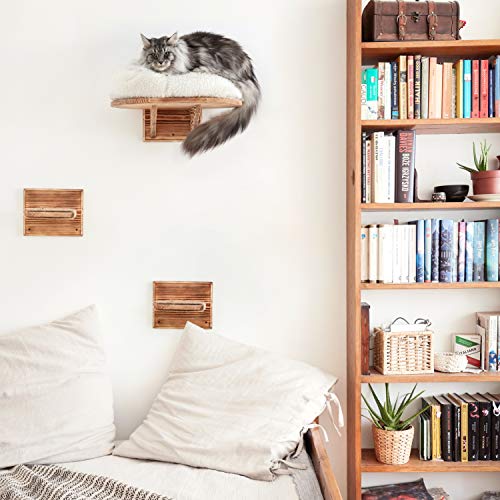 IK Style Estante para gatos montado en la pared con 3 escalones de escalada, estante de plataforma para gatos de madera maciza con cojín extra suave