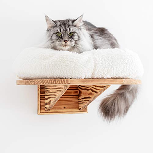 IK Style Estante para gatos montado en la pared con 3 escalones de escalada, estante de plataforma para gatos de madera maciza con cojín extra suave