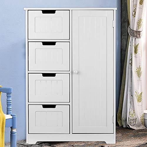 IKAYAA Cómoda Moderna con 4 Cajones y 1 Puerta/Armario de Piso/Mueble para Salón y Habitación y Baño Color Blanco / 56 * 30 * 81 cm