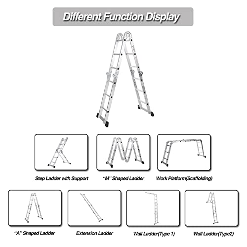 IKayaa Escalera Plegable Aluminio Escalera Telescópica Escalera Plegable 7 En 1 Multifunción Extensible, Max.150kg,12 Peldaños(Pasado EN131-Parte 4:2007 Estándar)