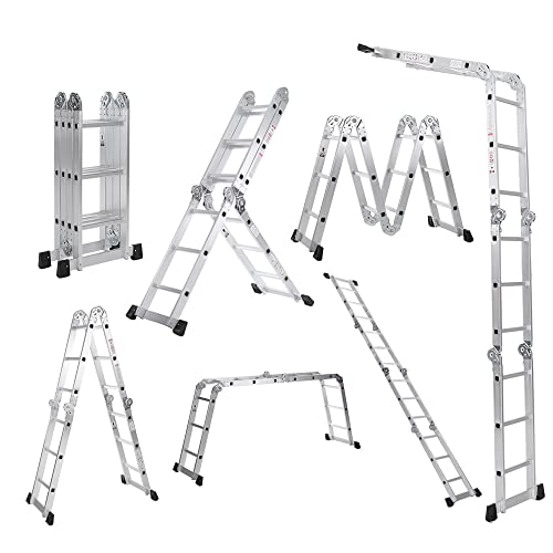 IKayaa Escalera Plegable Aluminio Escalera Telescópica Escalera Plegable 7 En 1 Multifunción Extensible, Max.150kg,12 Peldaños(Pasado EN131-Parte 4:2007 Estándar)