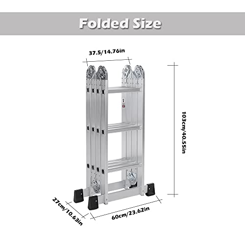 IKayaa Escalera Plegable Aluminio Escalera Telescópica Escalera Plegable 7 En 1 Multifunción Extensible, Max.150kg,12 Peldaños(Pasado EN131-Parte 4:2007 Estándar)