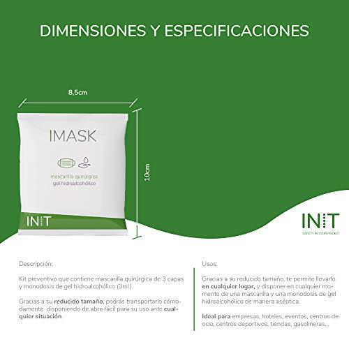 IMASK 60 Mascarillas Quirurgicas y 60 Monodosis de Gel Hidroalcoholico Embolsadas Individualmente, Kit Preventivo Para Empresas y Particulares, Mascarillas Homologadas