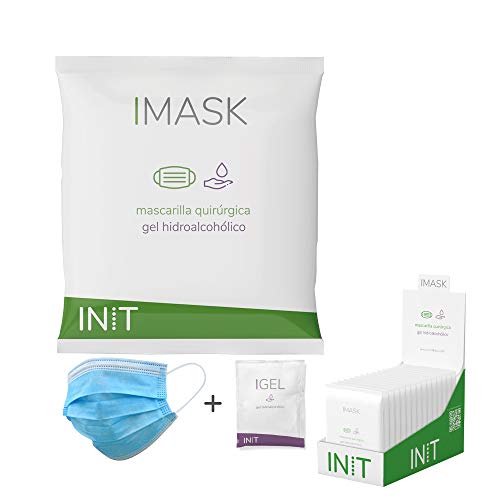 IMASK 60 Mascarillas Quirurgicas y 60 Monodosis de Gel Hidroalcoholico Embolsadas Individualmente, Kit Preventivo Para Empresas y Particulares, Mascarillas Homologadas