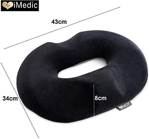 iMedic - Cojín de asiento con agujero en el medio, viscoelástico, recupera su forma, con cobertura de calidad, un alivio excelente para hemorroides, dolor de coxis o tras el parto, negro