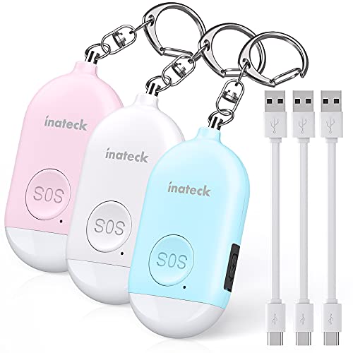 Inateck Alarma Personal Recargable Recordatorio de batería Baja Llavero de Autodefensa con Iluminación LED para Mujeres, Hombres, niños y Personas Mayores, 130 db, Paquete de 3, PA1001