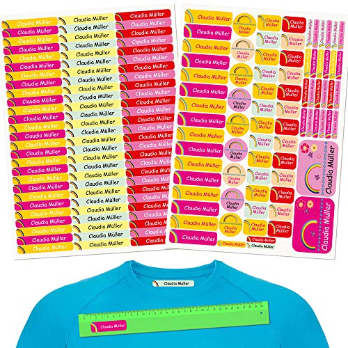 INDIGOS UG® Pegatinas de nombre - Set - 160 piezas - Rainbow - 80 etiquetas para planchar + 80 sticker - escuela y jardín de infancia