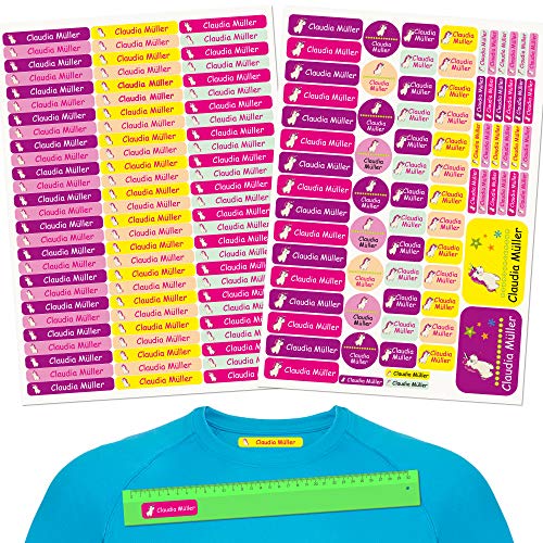 INDIGOS UG® Pegatinas de nombre - Set - 160 piezas - Unicornio - 80 etiquetas para planchar + 80 sticker - escuela y jardín de infancia