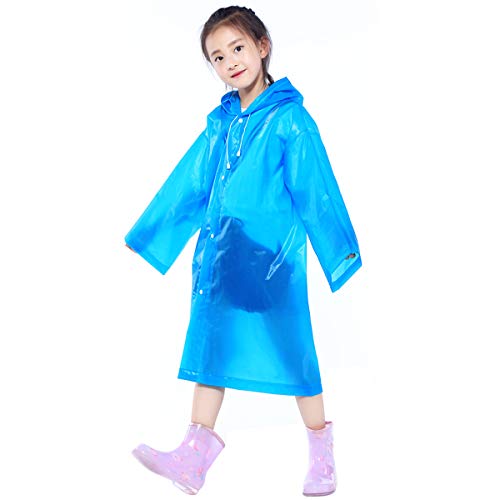 Infantiles Impermeable Chubasquero, EVA Chaqueta Poncho de Lluvia con Capucha para Niños Niñas, Ropa Traje de Lluvia, Reutilizable Rain Coat para al Aire Libre Alpinismo Ciclismo Cámping (Azul)