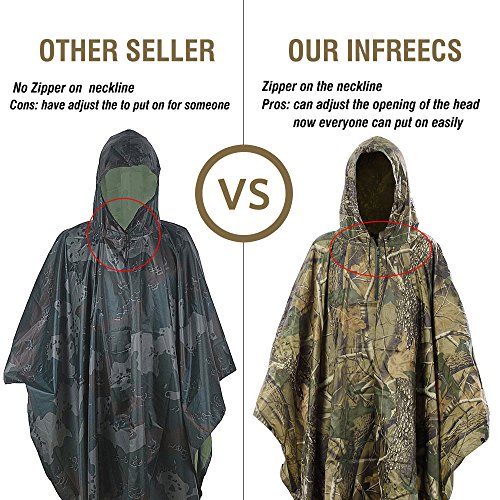 Infreecs - Poncho impermeable con capucha y estampado militar, para lluvia, acampadas al aire libre, ciclismo, viajes. Esquinas con ojales de emergencia para crear un refugio.