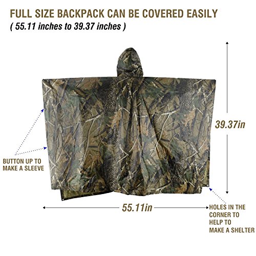 Infreecs - Poncho impermeable con capucha y estampado militar, para lluvia, acampadas al aire libre, ciclismo, viajes. Esquinas con ojales de emergencia para crear un refugio.