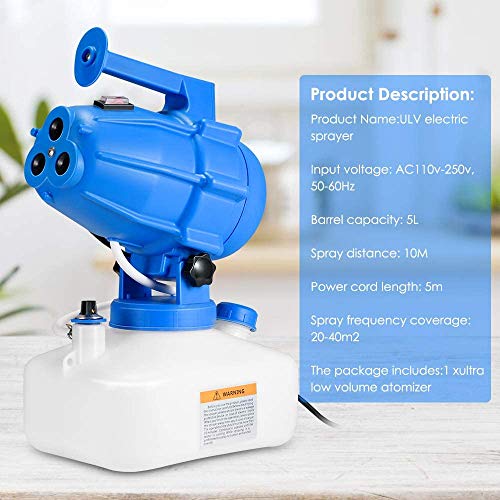 InLoveArts Pulverizador eléctrico portátil Desinfectante,Nebulizador Jardin ULV 5L 220V,Distancia de pulverización 10m,Eliminar el formaldehído,PM2.5 y Otros factores nocivos,purificar el Aire （Azul）