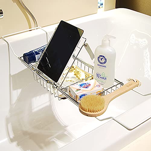 Insputer Estantería para bañera con soporte para copa de vino y soporte para iPad, bandeja para bañera ajustable en ancho, organizador de ducha para accesorios de baño