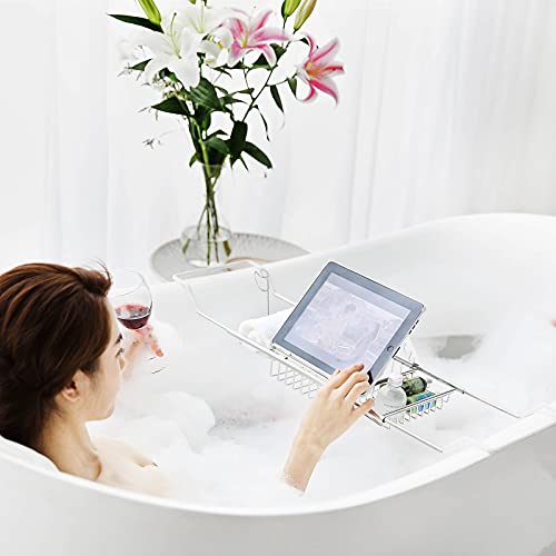 Insputer Estantería para bañera con soporte para copa de vino y soporte para iPad, bandeja para bañera ajustable en ancho, organizador de ducha para accesorios de baño