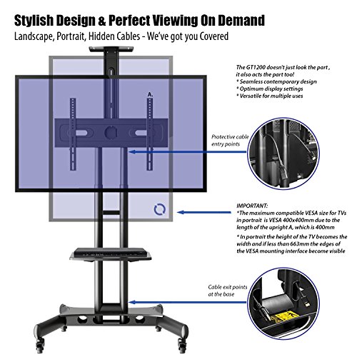 Invision Soporte TV Suelo Portatil en Ruedas para 32”-65" Pantallas - Antivuelco y Ultraestable Exhibición Móvil Carrito para LED LCD HDR TVs - Max VESA 600x400mm [GT1200 ScreenStation]