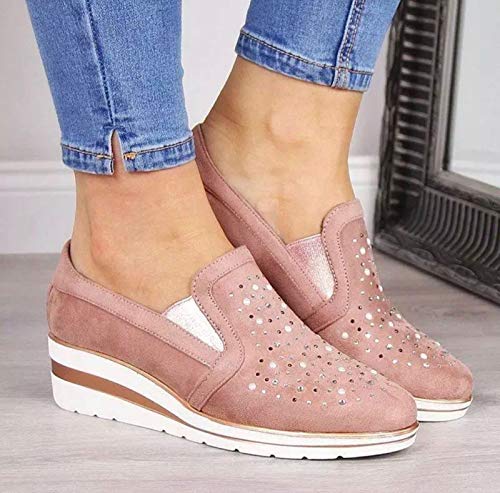 IQYU Zapatillas de mujer con plataforma brillante, para el tiempo libre, cómodas, con cristales, con punta redonda, Rosa., 37