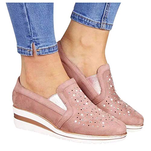 IQYU Zapatillas de mujer con plataforma brillante, para el tiempo libre, cómodas, con cristales, con punta redonda, Rosa., 37