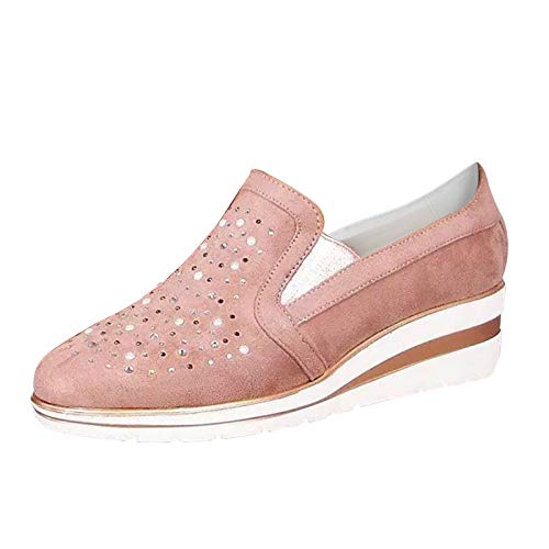 IQYU Zapatillas de mujer con plataforma brillante, para el tiempo libre, cómodas, con cristales, con punta redonda, Rosa., 37