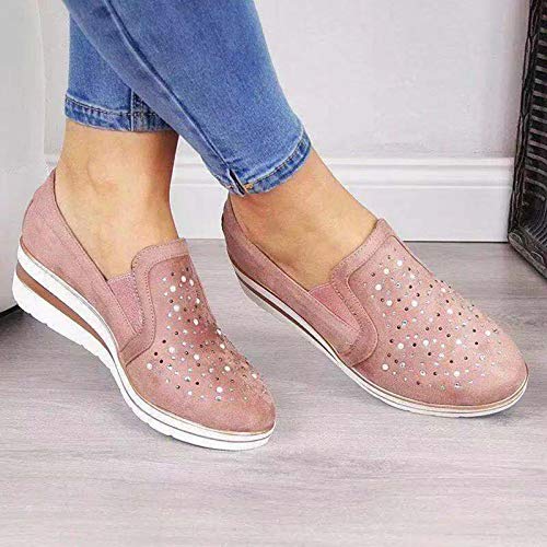 IQYU Zapatillas de mujer con plataforma brillante, para el tiempo libre, cómodas, con cristales, con punta redonda, Rosa., 37