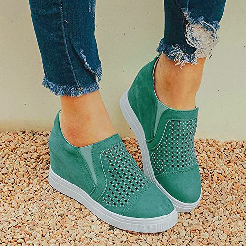 IQYU Zapatos de cuña de ante para mujer, con patrón de letras, informales, para mujer, grandes estrás, altura interior elevada, zapatos, verde, 38 EU