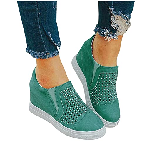 IQYU Zapatos de cuña de ante para mujer, con patrón de letras, informales, para mujer, grandes estrás, altura interior elevada, zapatos, verde, 38 EU