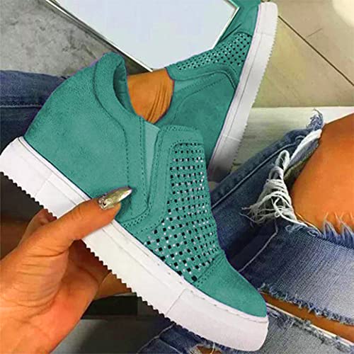 IQYU Zapatos de cuña de ante para mujer, con patrón de letras, informales, para mujer, grandes estrás, altura interior elevada, zapatos, verde, 38 EU