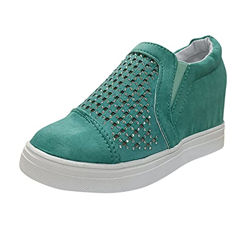 IQYU Zapatos de cuña de ante para mujer, con patrón de letras, informales, para mujer, grandes estrás, altura interior elevada, zapatos, verde, 38 EU